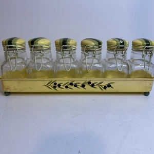 6 Vintage Yellow Green Pottery Lid Glass Canister French Country Farmhouse - Picture 1 of 23
