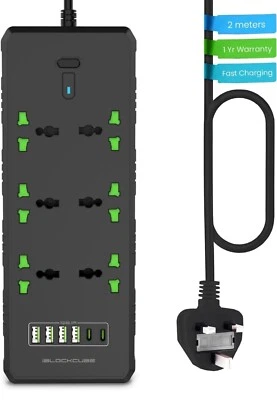 Universal Extension Lead UK US EU 2m 6 Socket 4 USB 2 USB-C iBlockCube Warrenty - Image 1 of 4
