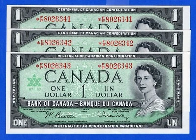Canada $1 1967 BC-45bA-i / P-84b QE II  3 CONSECUTIVE REPLACEMENTS - EF+/AU *F/P - Image 1 of 3