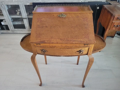 Vintage Antique Slant Drop Secretary Desk Original Hardware Ornate Brass Ledges Cover