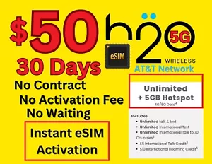 Servicio de prepago H20 plan de $50 para 30 días de red de AT&T - ¡Activación instantánea de ESim!¡! - Imagen 1 de 5