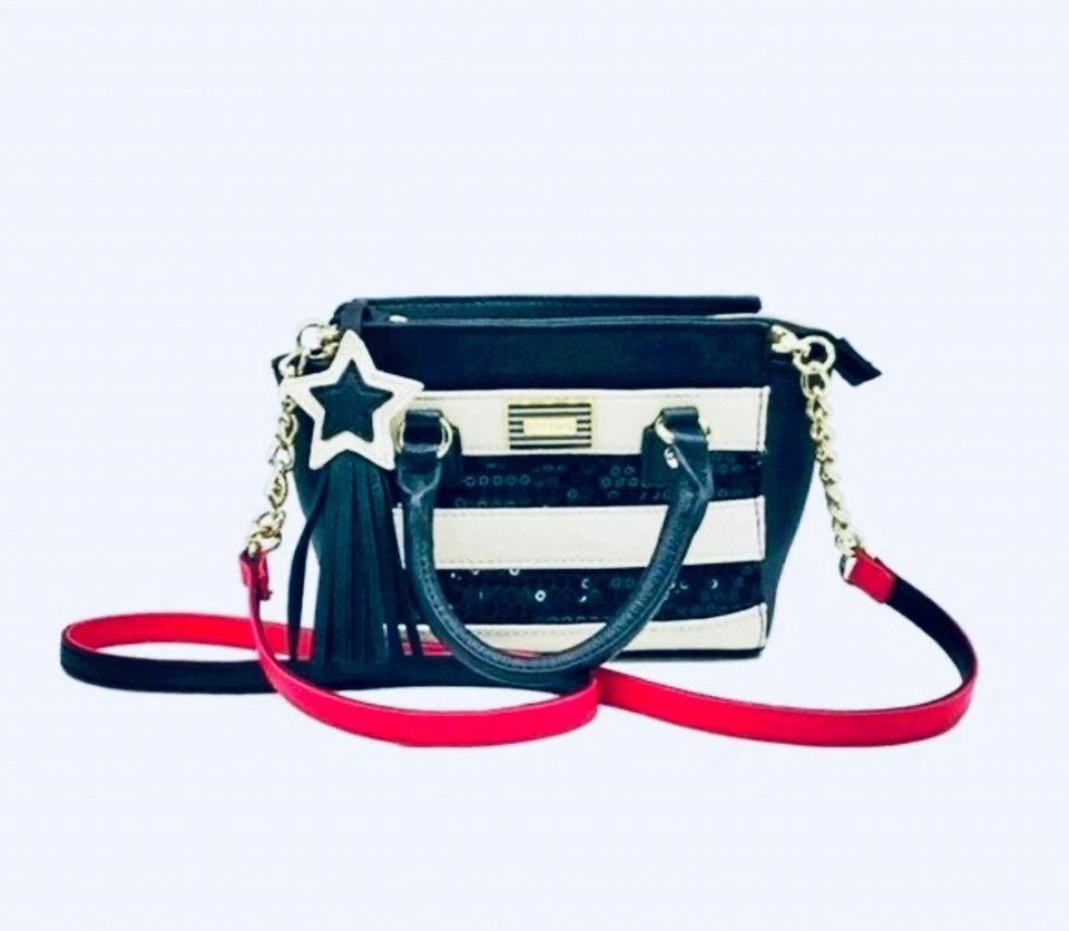 Mini Cartera Bandolera Betsey Johnson Negra Lentejuelas y Marfil Rayas Dijes Viaje Foto 1 de 4
