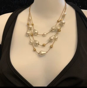 Chico's Triple Strand Faux Pearl Gold Tone Accents  Statement Necklace - Picture 1 of 3