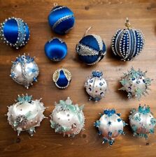 Lot of 13 Vintage Sequin Beaded Push Pin Handmade Christmas Ornaments Blue White