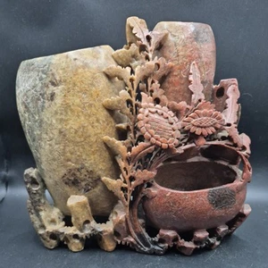 Antique Chinese Stone Carving Triple Brush Pot 9ins High 2.13kg - Picture 1 of 5