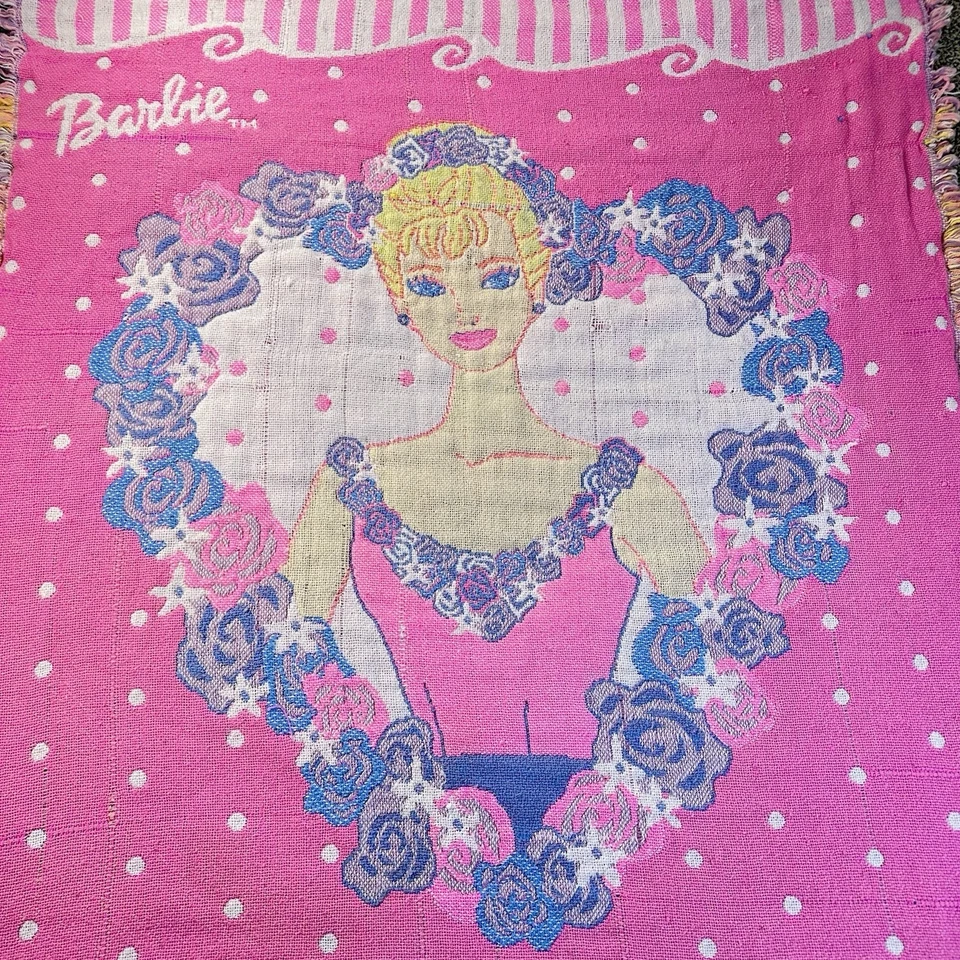 Manta tejida vintage Barbie tapiz rosa lunares raros noroeste LEER Foto 1 de 4