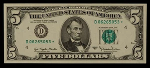 FR 1975-D* $5 1977 A Federal Reserve Note US - Star Note - AU+ - SKU-CA1846 - Picture 1 of 2