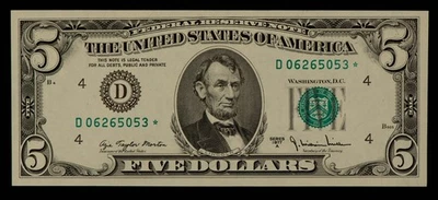 FR 1975-D* $5 1977 A Federal Reserve Note US - Star Note - AU+ - SKU-CA1846 - Image 1 of 2