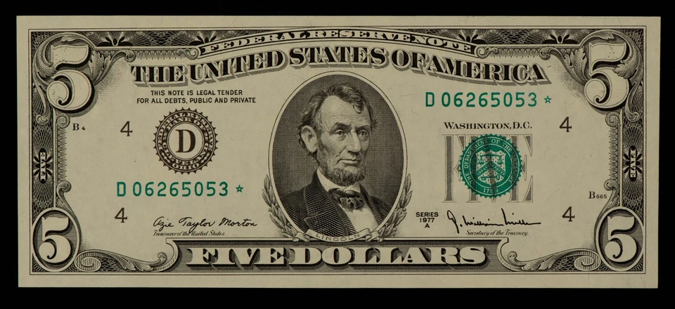 FR 1975-D* $5 1977 A Federal Reserve Note US - Star Note - AU+ - SKU-CA1846 - Image 1 of 2