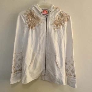 Hermosa sudadera con capucha blanca con cremallera Johnny Was Sienne para mujer talla S bordada - Imagen 1 de 9