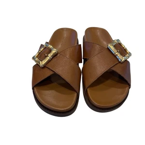 SCHUTZ Enola Crisscross Buckle CAMEL Leather Sandals Slides Women's 7 NEW! - Picture 1 of 11