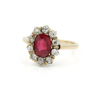 Victorian 10K Yellow Gold Lab Grown Ruby & Old European Diamond Ring #JB438-5 - Picture 1 of 7