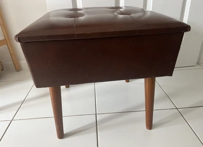 Vintage Mid Century Sherborne Upholstered Leather Storage Sewing Foot Stool Legs - Image 1 of 4