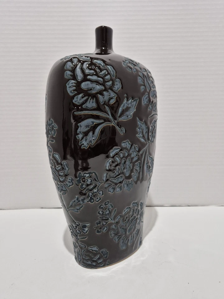 JARRÓN DE HIERBA ESMALTADO EN RELIEVE VINTAGE 13" DE ALTO ARTE DE CERÁMICA DECORATIVO Foto 1 de 4