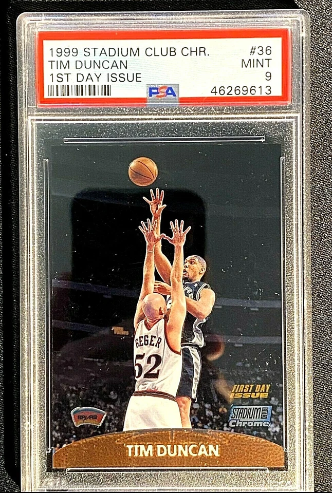 VHTF CHROME PARALLEL /100 PSA 9 MINT TIM DUNCAN 1999 TOPPS FIRST DAY ISSUE G2273 - Image 1 of 3