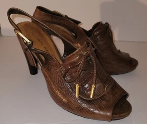 ANTONIO MELANI brown Leather Faux Croc Peeptoe Slingback Tie Tassel Heels 7.5 - Picture 1 of 7