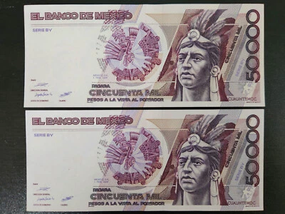 BILLETES MÉXICO 50.000 PESOS - 2 SECUENCIALES 1988 - AU - P# 93a -- [124] Foto 1 de 3