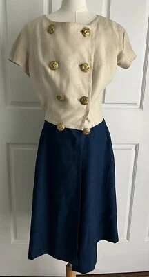 Vestido vintage años 60 Anne Klein Junior Sofisticates verde azulado marfil lino línea A S Foto 1 de 4