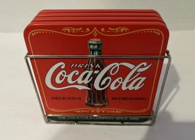 Drink Coca~Cola Delicious Coasters Tin and Cork Set of 4 with Metal Holder - Image 1 of 4