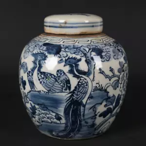 Tarro de té chino antiguo de porcelana azul y blanco - Imagen 1 de 7