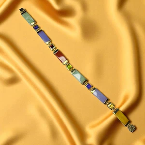 ESTATE- 10k Gold Jade Link Bracelet - Multi Gemstone Bracelet -7" -9.7g Vintage - Picture 1 of 21