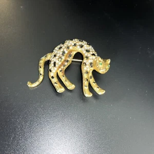 Leopard Figural Brooch, Gold-Tone w Rhinestones and Black Enamel Green Eyes EUC - Picture 1 of 9