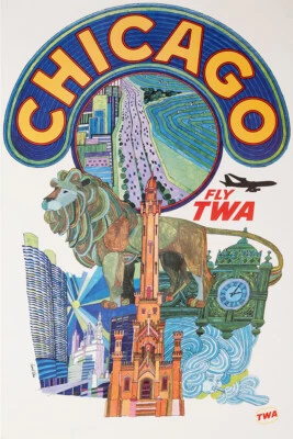 Чикаго США TWA путешествий оригинальный винтажный настенное искусство домашнего декора - плакат 20 x 30 - Изображение 1 из 4