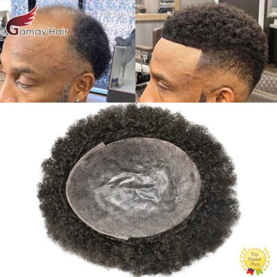 Afro Curl Mens Toupee Full Poly Skin Pu African American Hair System Replacement - Image 1 of 4
