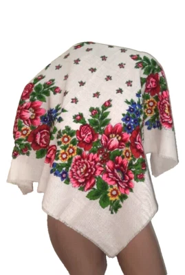 Bufanda de lana chalet tradicional chalet vintage años 70 Ucrania floral blanco Foto 1 de 4