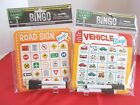 NEUF ! Scellé ! Lot de 2 jeux de bingo de voyage - panneaux routiers et véhicules - 2 Bds, 2 marqueurs Ea.