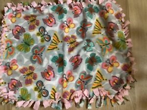 Handmade fleece tie blanket - Size 25”x31” Butterflies Pink White Blue Yellow