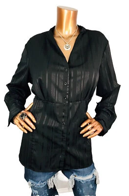 Camisa Croft & Barrow 2X Plus Top Elastizada Rayas Brillantes Corte Bajo en V Negra Abotonada Foto 1 de 4