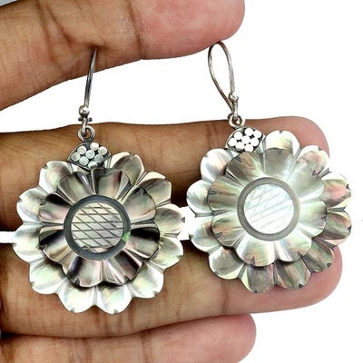 925 Sterling Silver Earrings Flower Mother Of Pearl 34mm Gemstone Jewelry - Image 1 of 4
