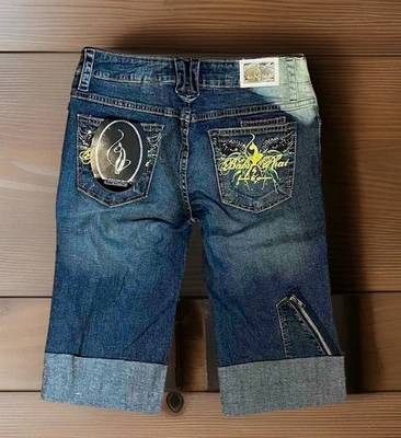 NEW Baby Phat Y2K Cuffed Blue Jean Bramuda Shorts Gold Crystals Junior's Size 9 - Image 1 of 4