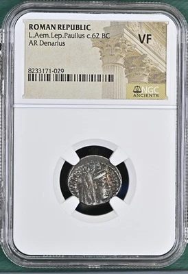 Roman Republic L. Aem. Lep. Paullus c.62 BC AR Denarius NGC VF - Image 1 of 4