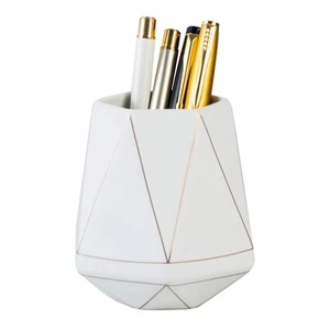 Ceramic Desk Cute Pen Holder Stand Gold Line Pencil Cup Pot Desk Organizer Ma... - Picture 1 of 6