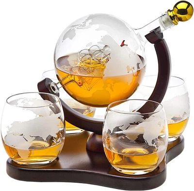 Whiskey Decanter Globe Set with 4 Etched Glasses for Liquor Scotch Bourbon Vodka - Image 1 of 4