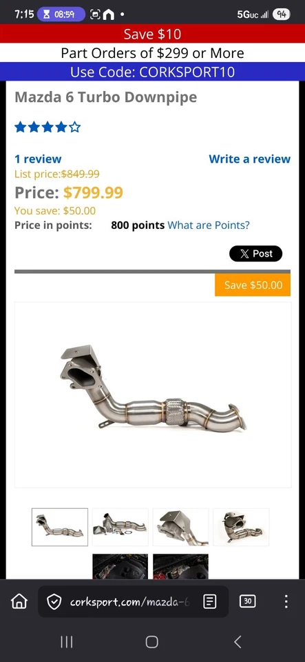 2019-2021 Mazda6 2.5T Corksport Downpipe. New Unused Open Box. Catted. - Image 1 of 1