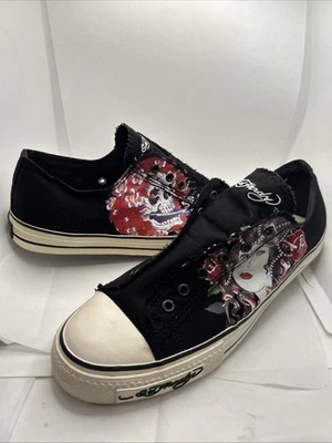 Y2K 复古 Ed Hardy 男式低帮黑色帆布运动鞋纹身印花懒人鞋 13 — 第 1/4 张图片