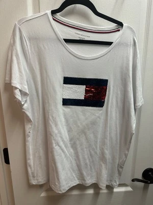 Camiseta Tommy Hikeiger feminina branca e vermelha manga curta tamanho XXL/nova sem etiquetas 728 - Imagem 1 de 3