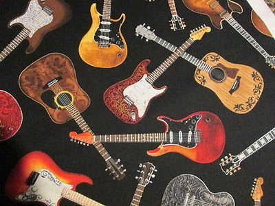 GUITAR CLASSIC ROCK GUITARS MUSIC NOTES BLACK COTTON FABRIC FQ - Image 1 of 4