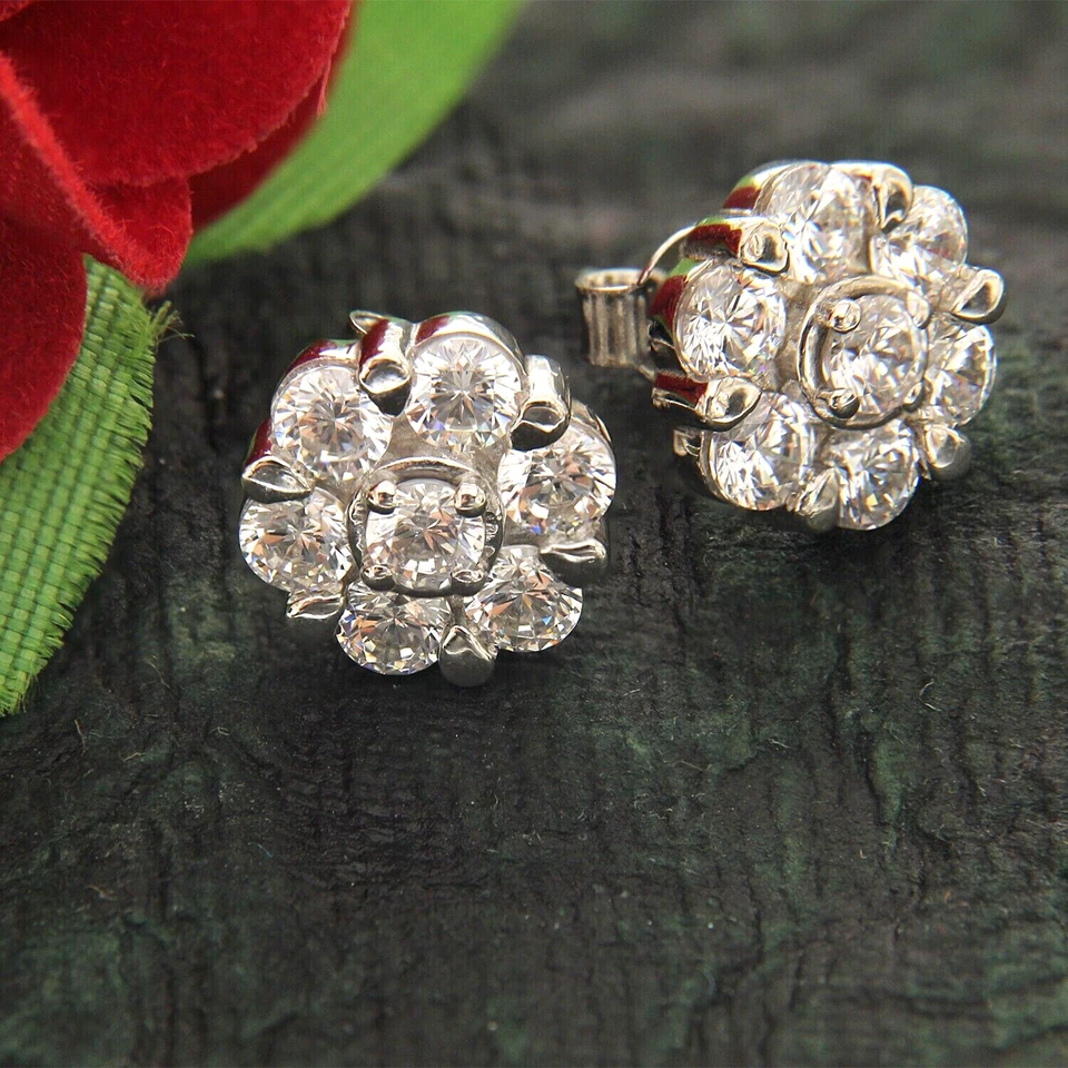 4Ct Round Brilliant Cut Zirconia Floral Style Halo Stud Earrings in 925 Silver - Image 1 of 4
