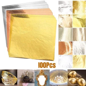 100 x Gold/Silver Leaf Sheets Foil Gilding Art Craft Metallic Transfer DIY Paper - Picture 1 of 28