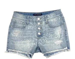 New IMPERIAL STAR Big Girls Frey Hem Destructed Splatter Denim Shorts Size 8 - Picture 1 of 8