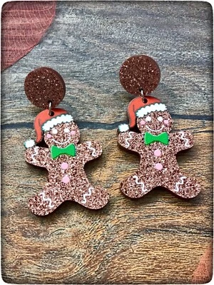 Новое Рождество Рождественский коричневый розовый золотой цвет рыжий Пряничный человечек печенья серьги - Изображение 1 из 4