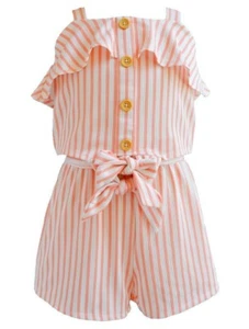 NWT Rare Editions Girls 8 Sleeveless Coral Stripe Bow Ruffle Shorts Outfit Set - Picture 1 of 2