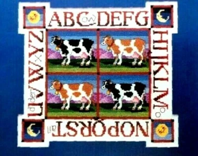 Cross Stitch Pattern COW Sampler Alphabet Moon Sun Black White Cow Brown Cow FUN - Image 1 of 4