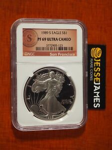 1989 S PROOF SILVER EAGLE NGC PF69 ULTRA CAMEO SAN FRANCISCO SEAL LABEL