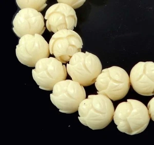 9mm Off / Antique White Synthetic Coral Lotus Flower Yoga Mala Round Beads (15) - Picture 1 of 4