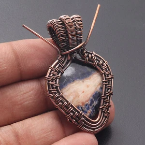 Sodalite Gemstone Copper Wire Wrap Handmade Pendant 2.1" Jewelry H9429 - Picture 1 of 3